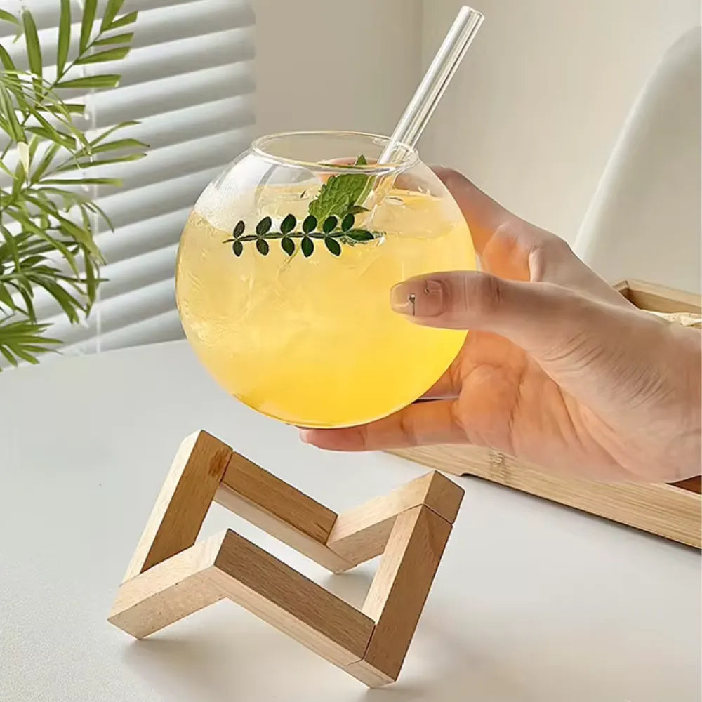 Copo de Vidro Redondo com Suporte de Madeira 400ml - Loc Stop