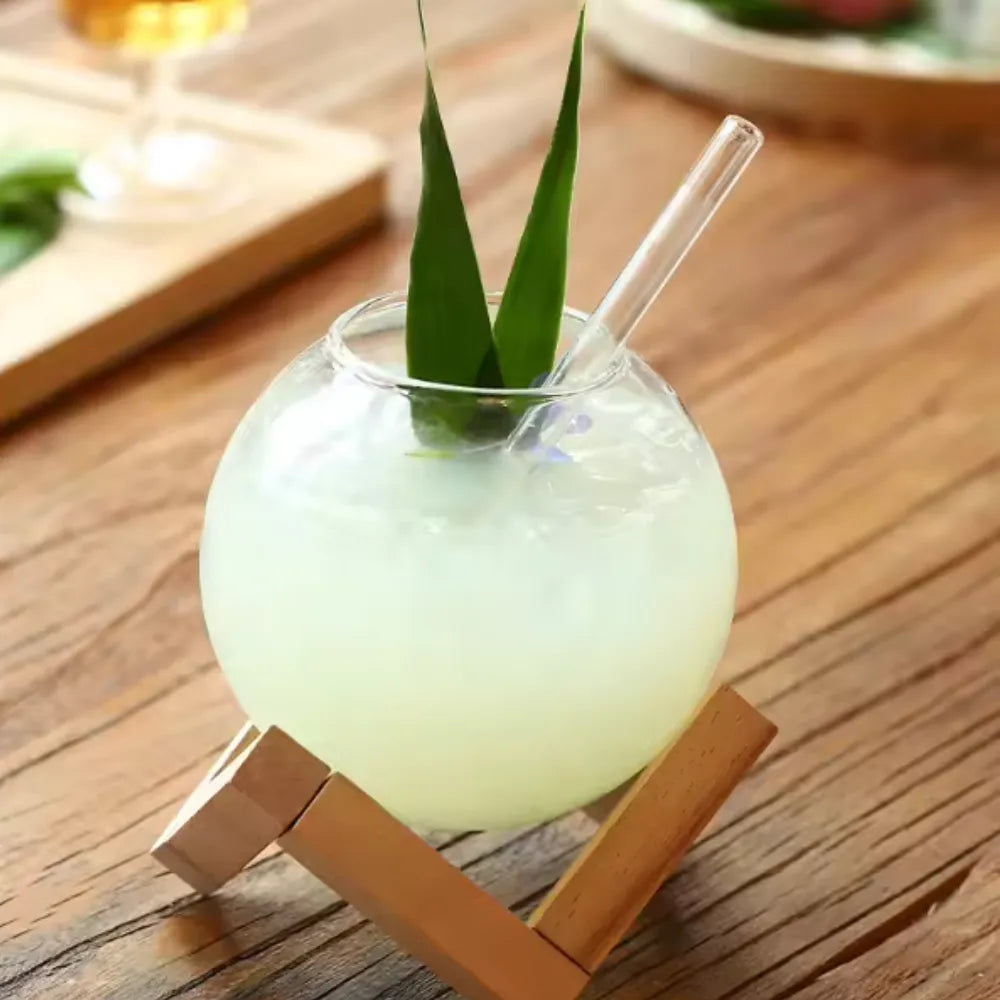 Copo de Vidro Redondo com Suporte de Madeira 400ml - Loc Stop